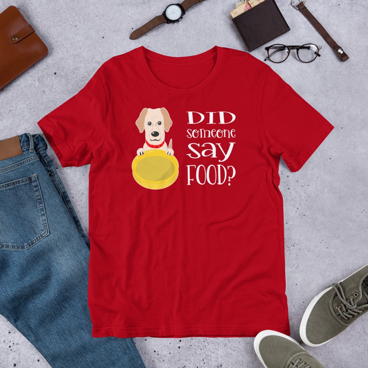 Did someone say food? Dog with bowl. Short-Sleeve Unisex T-Shirt