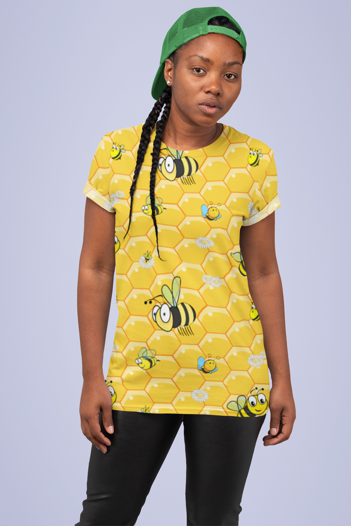 Bees on Honeycomb. All over print T-shirt.