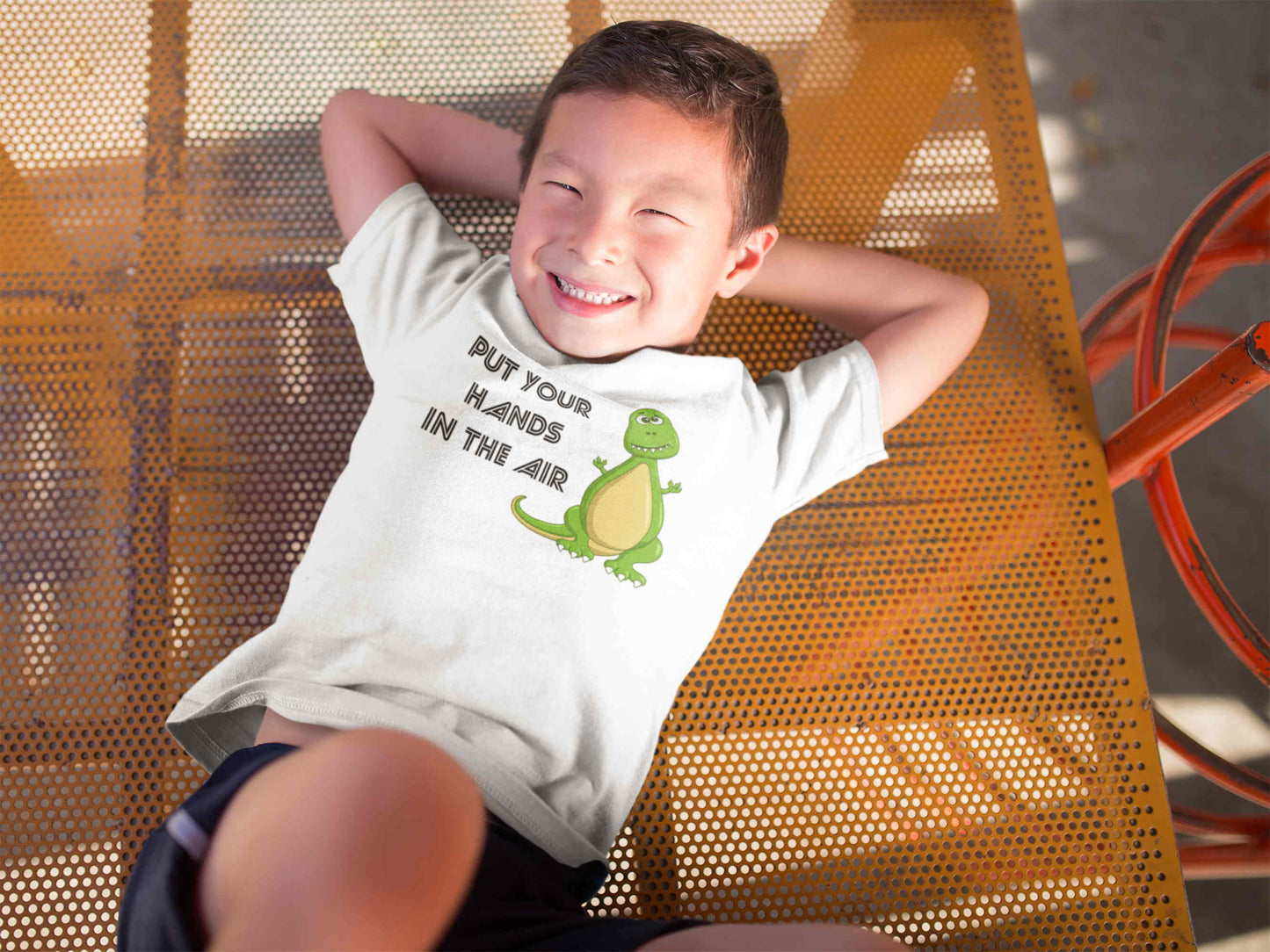 Put Your Hands In The Air. Toddler Dinosaur Short Sleeve Tee